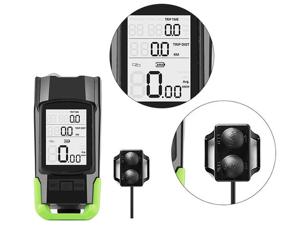 Priekinis galinis vadovaujamas dviračių žibintas belaidis skaitiklis garsus ragas 3in1, Žalia, Szín, Zöld