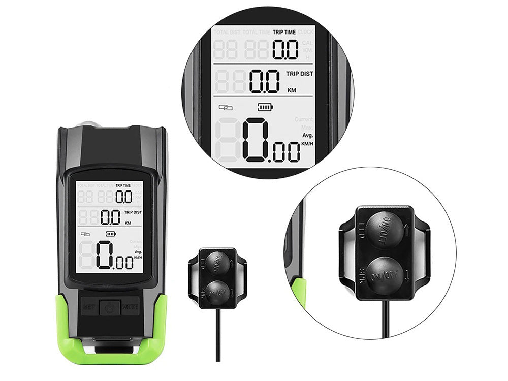 Priekinis galinis vadovaujamas dviračių žibintas belaidis skaitiklis garsus ragas 3in1, Žalia, Szín, Zöld