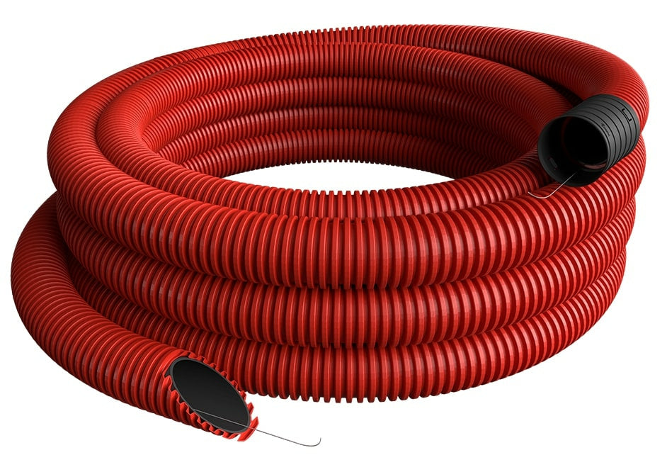 Raudonas gofruotas vamzdis D110/d92 su viela (be halogenų, 50m) Pipelife