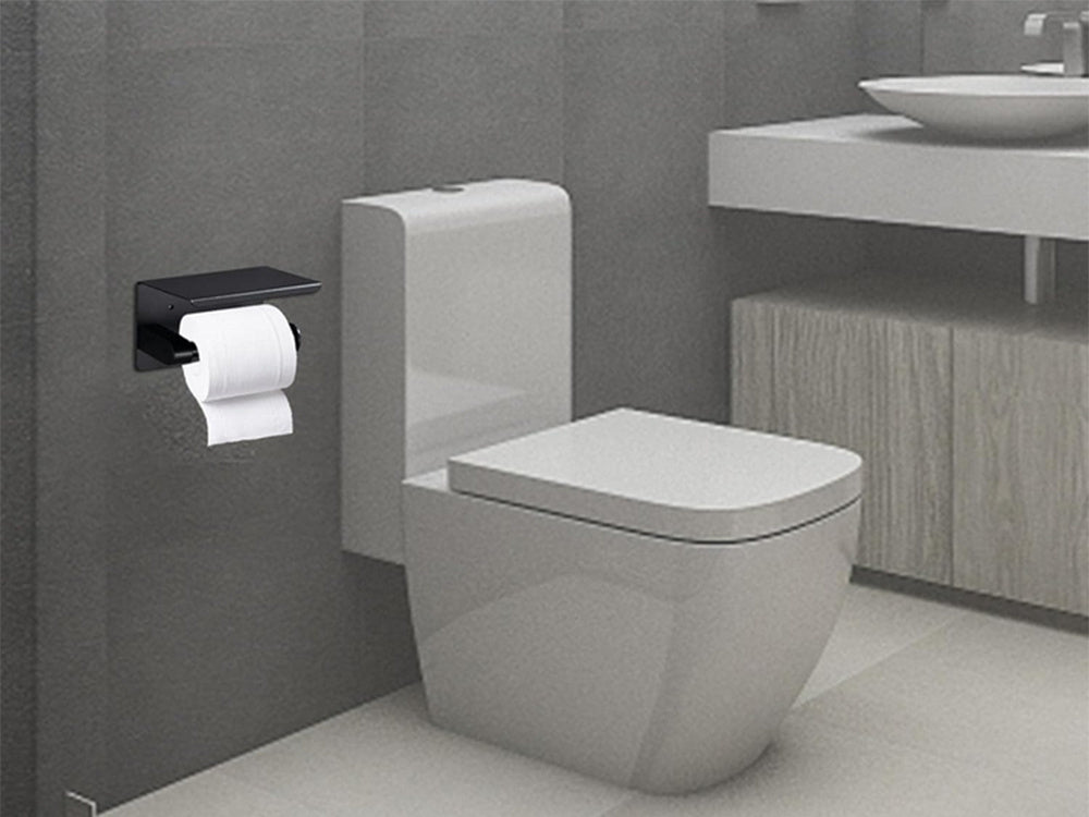 Tualetinio popieriaus laikiklis su telefono lentyna juodas palėpės wc plienas