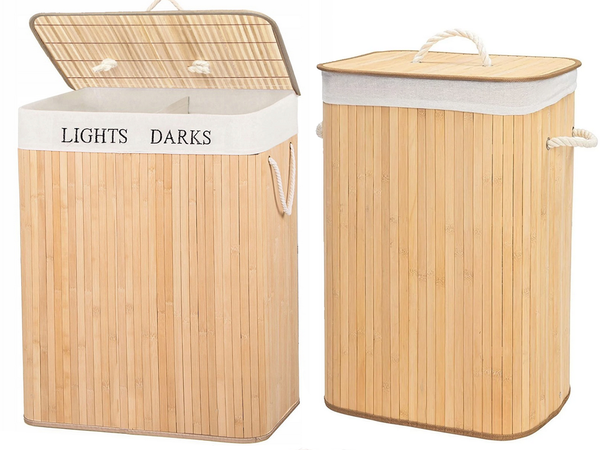 Bambukinis skalbinių krepšys 2 skyrių laisvai pastatomas organizatorius konteinerio dangtis