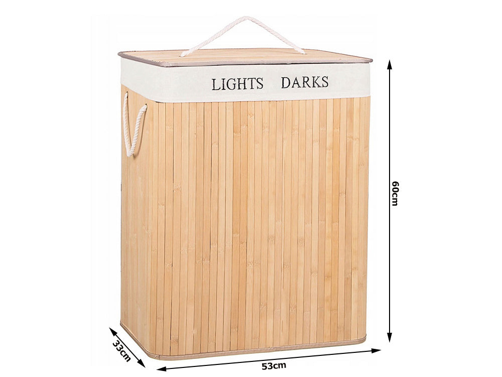 Bambukinis skalbinių krepšys 2 skyrių laisvai pastatomas organizatorius konteinerio dangtis