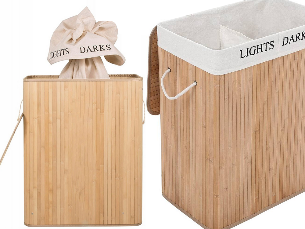 Bambukinis skalbinių krepšys 2 skyrių laisvai pastatomas organizatorius konteinerio dangtis
