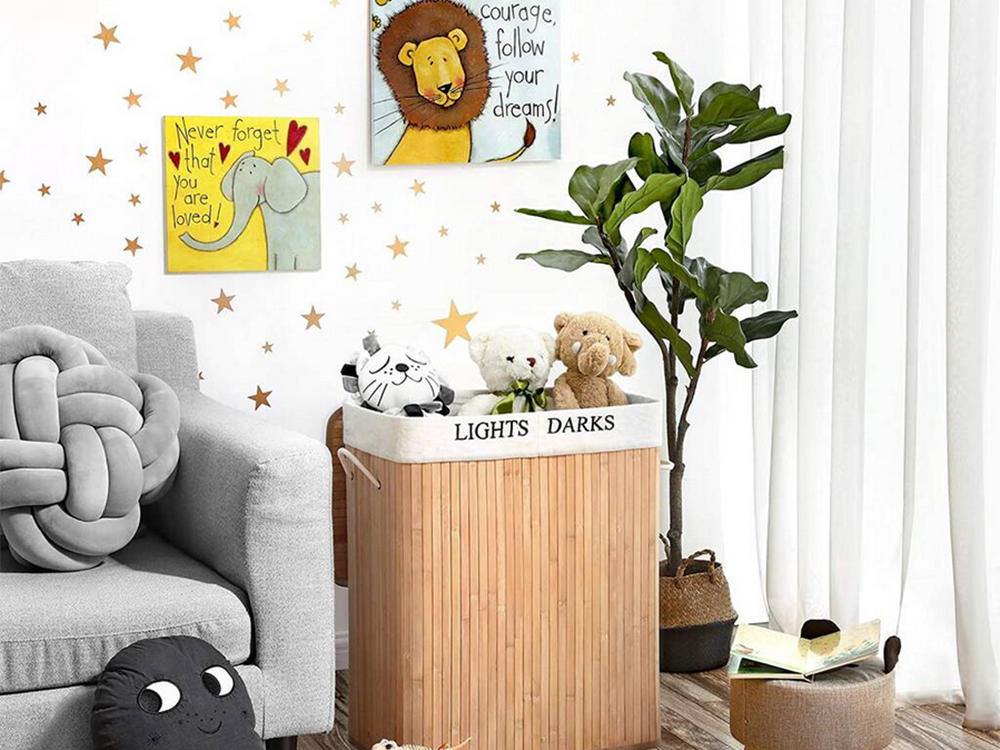 Bambukinis skalbinių krepšys 2 skyrių laisvai pastatomas organizatorius konteinerio dangtis