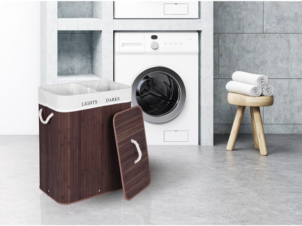 Bambukinis skalbinių krepšys 2 skyrių laisvai pastatomas organizatorius konteinerio dangtis