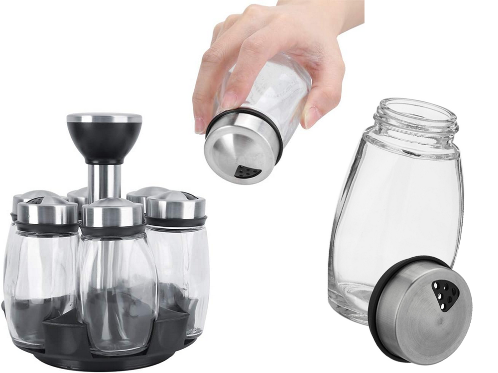 Prieskonių organizatorius rotaciniai stikliniai indeliai 6 vnt. Prieskonių druska