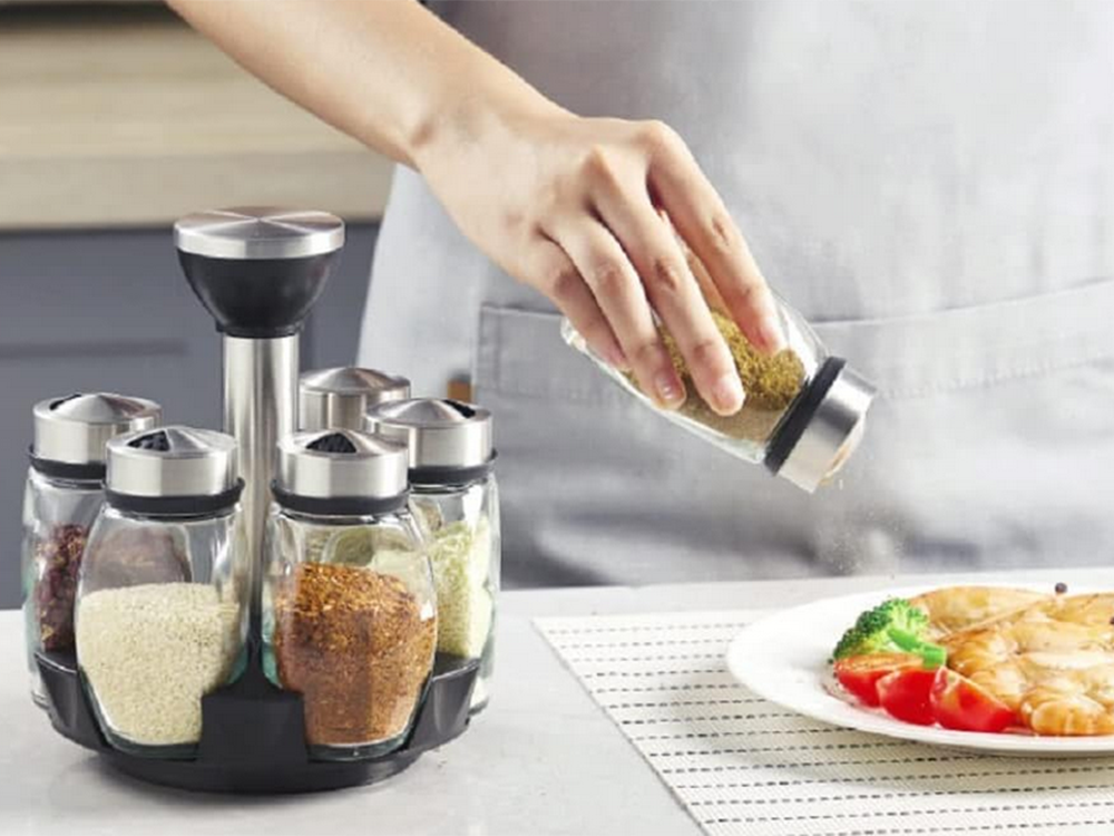 Prieskonių organizatorius rotaciniai stikliniai indeliai 6 vnt. Prieskonių druska