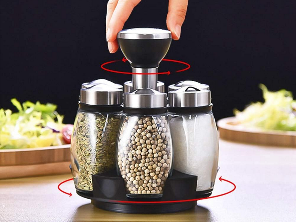 Prieskonių organizatorius rotaciniai stikliniai indeliai 6 vnt. Prieskonių druska