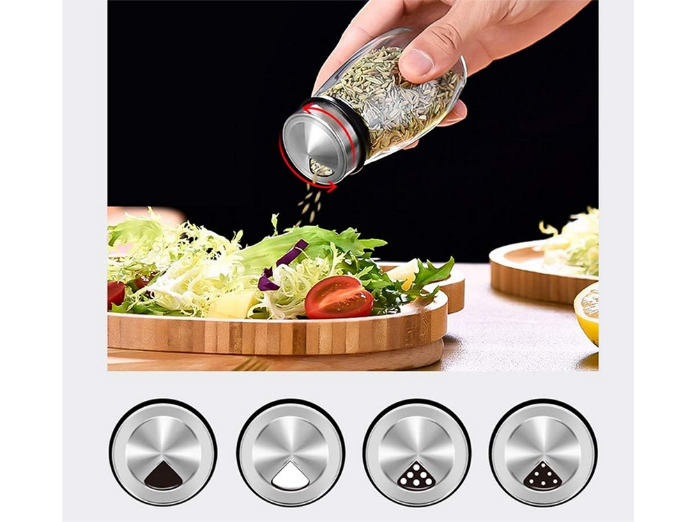 Prieskonių organizatorius rotaciniai stikliniai indeliai 6 vnt. Prieskonių druska