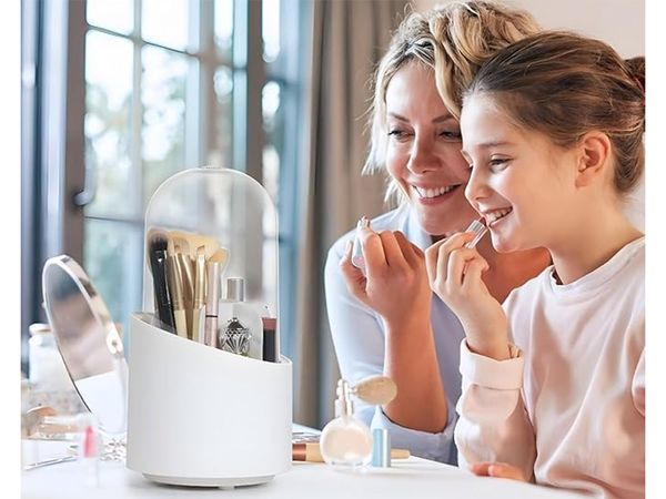 Kosmetikos organizatorius sukimosi makiažo šepetėlių laikiklis su dangteliu