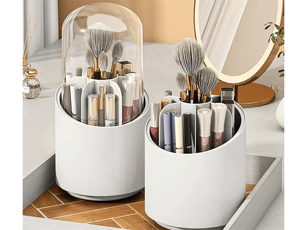 Kosmetikos organizatorius sukimosi makiažo šepetėlių laikiklis su dangteliu