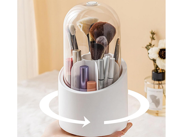 Kosmetikos organizatorius sukimosi makiažo šepetėlių laikiklis su dangteliu