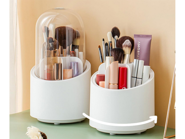 Kosmetikos organizatorius sukimosi makiažo šepetėlių laikiklis su dangteliu