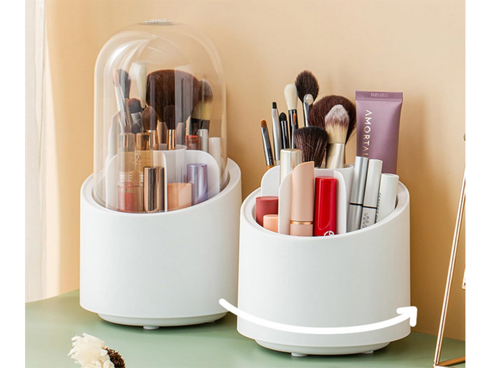 Kosmetikos organizatorius sukimosi makiažo šepetėlių laikiklis su dangteliu
