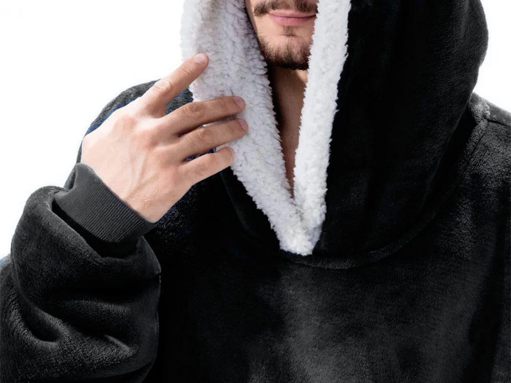 Šiltas megztinis oversize antklodė xxl 2in1 storas kailis minkštas gobtuvas su gobtuvu chalatas, Juoda, Szín, Fekete