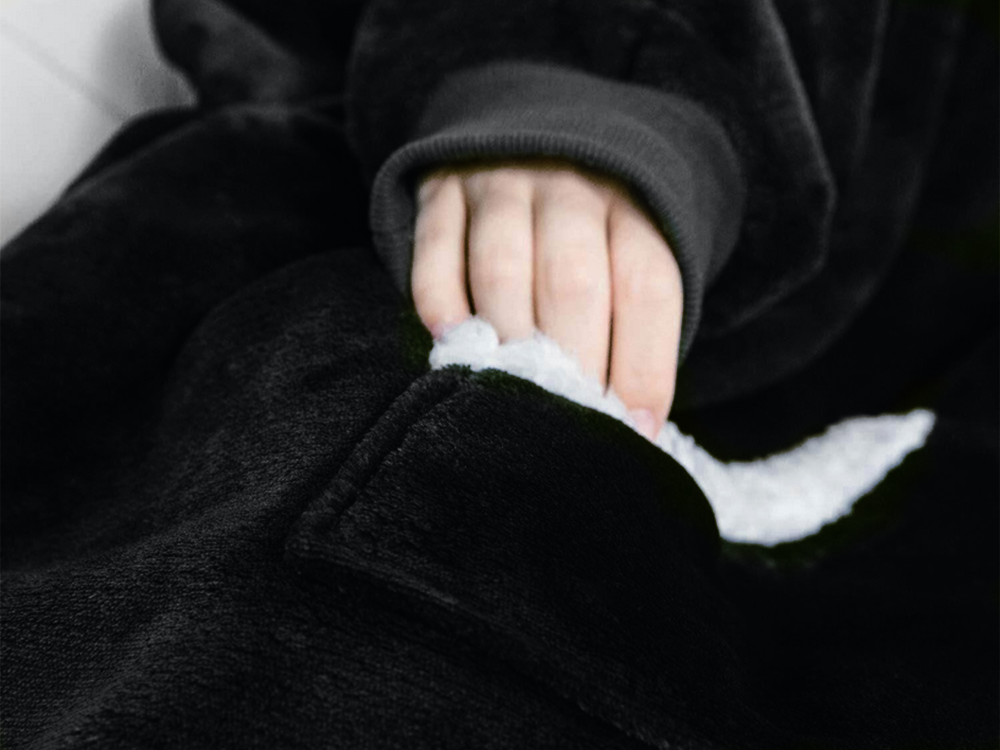 Šiltas megztinis oversize antklodė xxl 2in1 storas kailis minkštas gobtuvas su gobtuvu chalatas, Juoda, Szín, Fekete