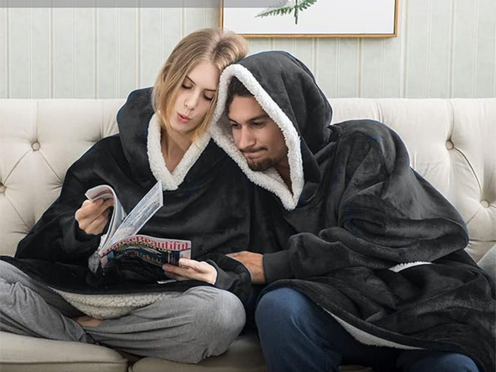 Šiltas megztinis oversize antklodė xxl 2in1 storas kailis minkštas gobtuvas su gobtuvu chalatas, Juoda, Szín, Fekete