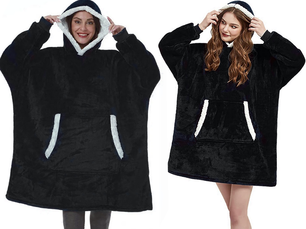 Šiltas megztinis oversize antklodė xxl 2in1 storas kailis minkštas gobtuvas su gobtuvu chalatas, Juoda, Szín, Fekete