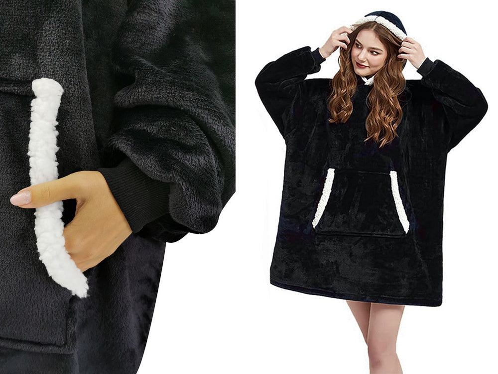 Šiltas megztinis oversize antklodė xxl 2in1 storas kailis minkštas gobtuvas su gobtuvu chalatas, Juoda, Szín, Fekete