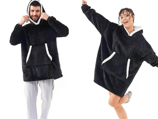 Šiltas megztinis oversize antklodė xxl 2in1 storas kailis minkštas gobtuvas su gobtuvu chalatas, Juoda, Szín, Fekete