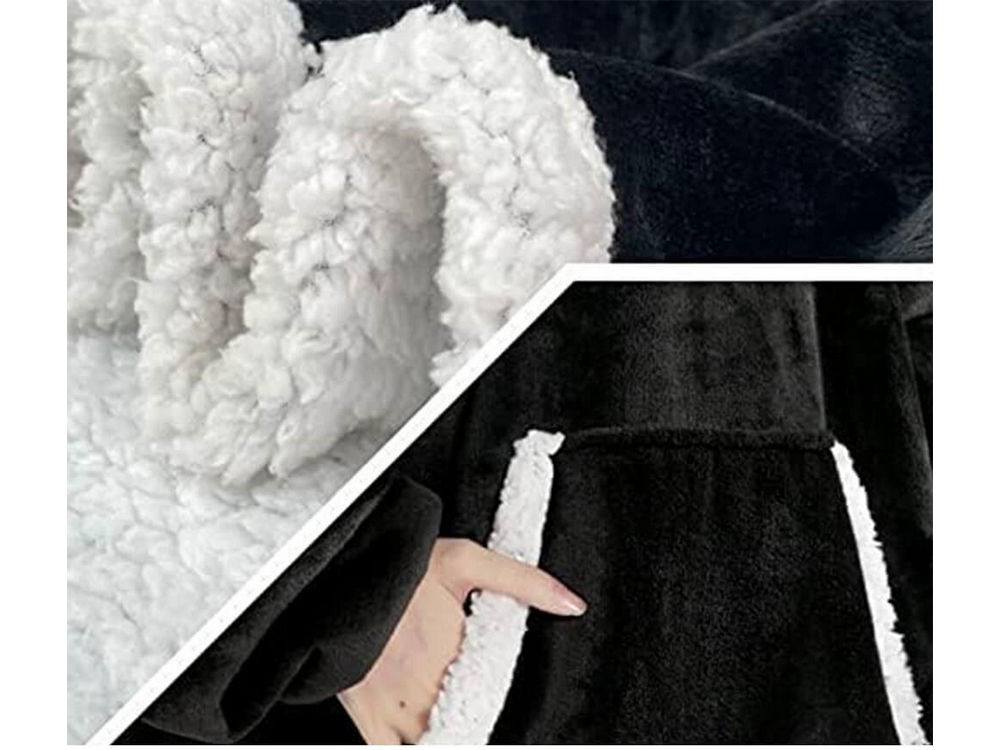 Šiltas megztinis oversize antklodė xxl 2in1 storas kailis minkštas gobtuvas su gobtuvu chalatas, Juoda, Szín, Fekete