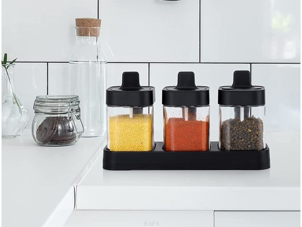 Stikliniai prieskonių indeliai su valgomaisiais šaukštais, 3 dalių rinkinys