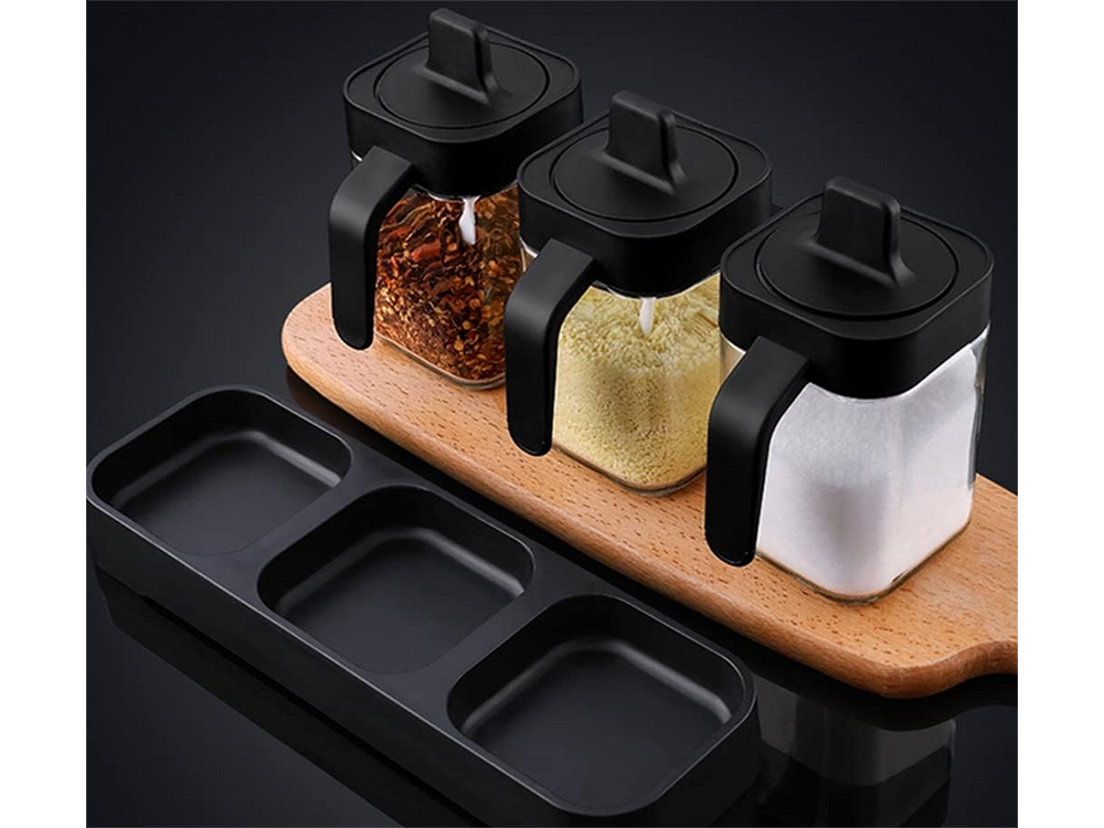 Stikliniai prieskonių indeliai su valgomaisiais šaukštais, 3 dalių rinkinys