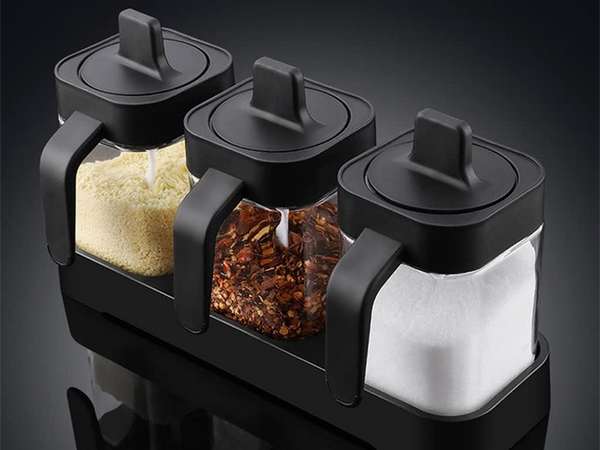 Stikliniai prieskonių indeliai su valgomaisiais šaukštais, 3 dalių rinkinys