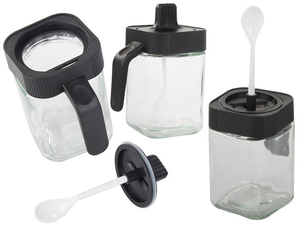 Stikliniai prieskonių indeliai su valgomaisiais šaukštais, 3 dalių rinkinys