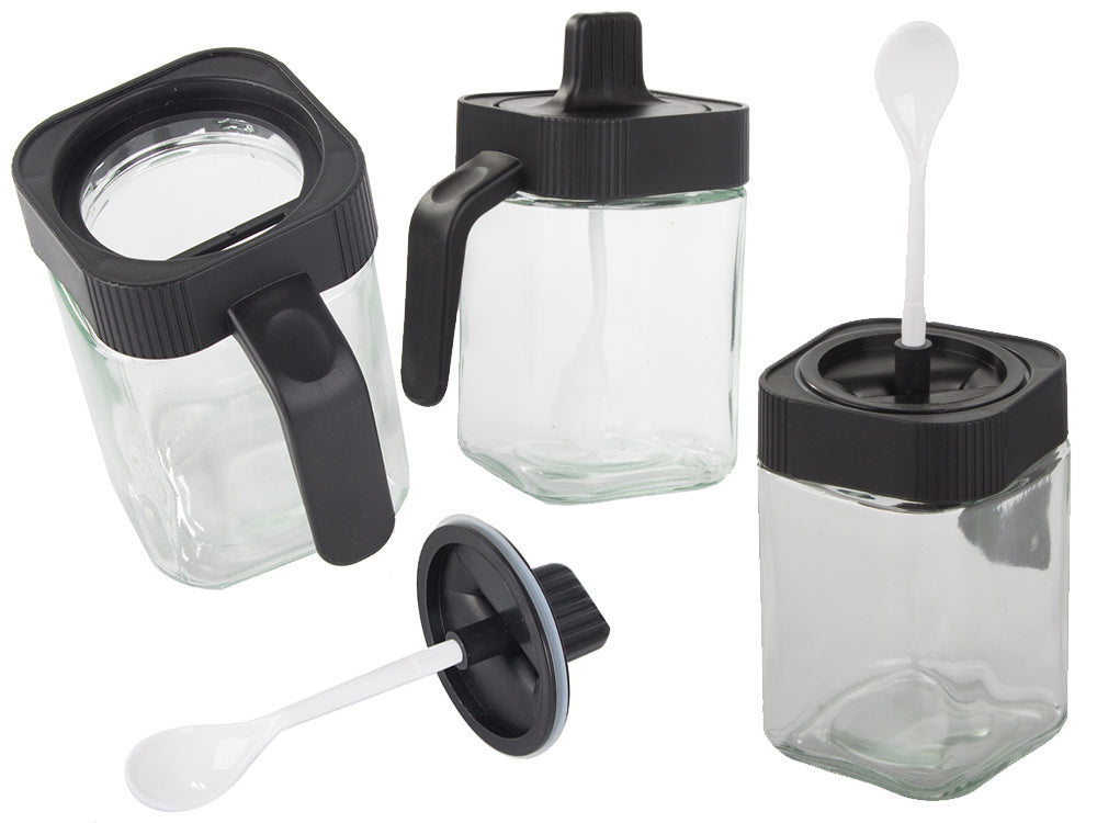 Stikliniai prieskonių indeliai su valgomaisiais šaukštais, 3 dalių rinkinys