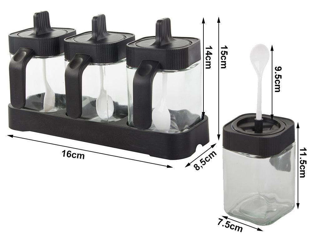 Stikliniai prieskonių indeliai su valgomaisiais šaukštais, 3 dalių rinkinys