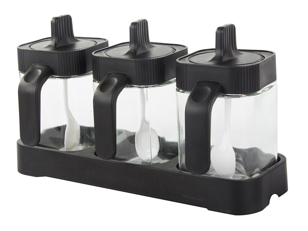 Stikliniai prieskonių indeliai su valgomaisiais šaukštais, 3 dalių rinkinys