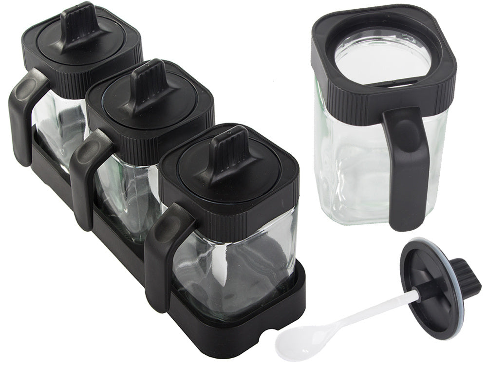 Stikliniai prieskonių indeliai su valgomaisiais šaukštais, 3 dalių rinkinys