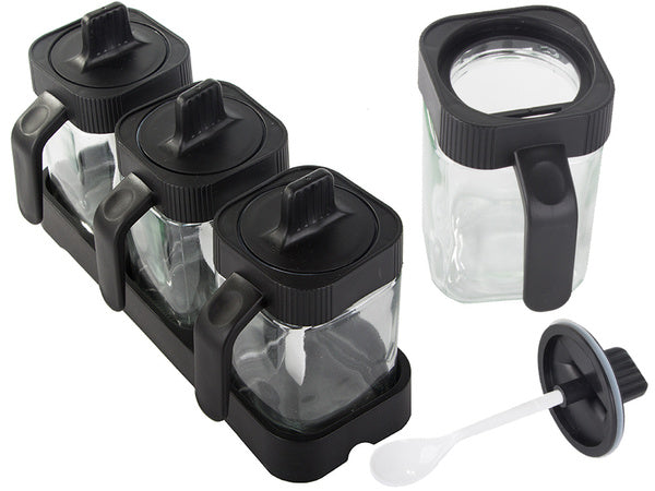 Stikliniai prieskonių indeliai su valgomaisiais šaukštais, 3 dalių rinkinys