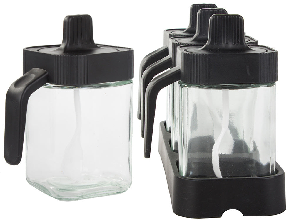 Stikliniai prieskonių indeliai su valgomaisiais šaukštais, 3 dalių rinkinys