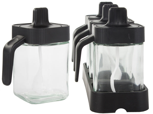 Stikliniai prieskonių indeliai su valgomaisiais šaukštais, 3 dalių rinkinys