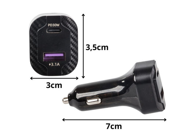 Greitas automobilinis įkroviklis usb-c 30w ir usb-a 15w, skirtas cigarečių uždegiklio lizdui