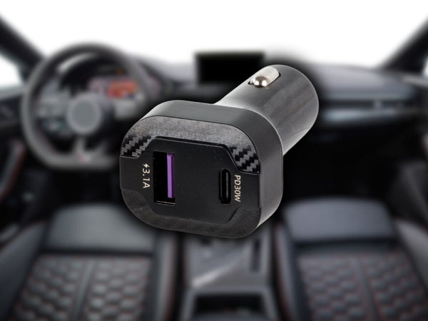 Greitas automobilinis įkroviklis usb-c 30w ir usb-a 15w, skirtas cigarečių uždegiklio lizdui