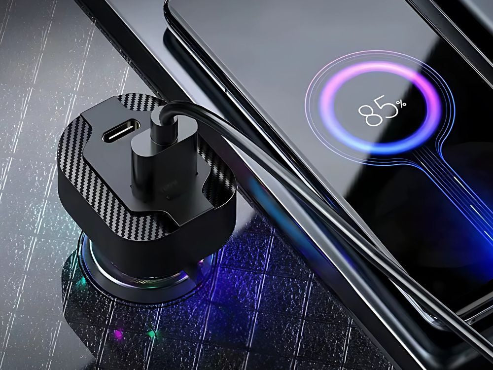 Greitas automobilinis įkroviklis usb-c 30w ir usb-a 15w, skirtas cigarečių uždegiklio lizdui