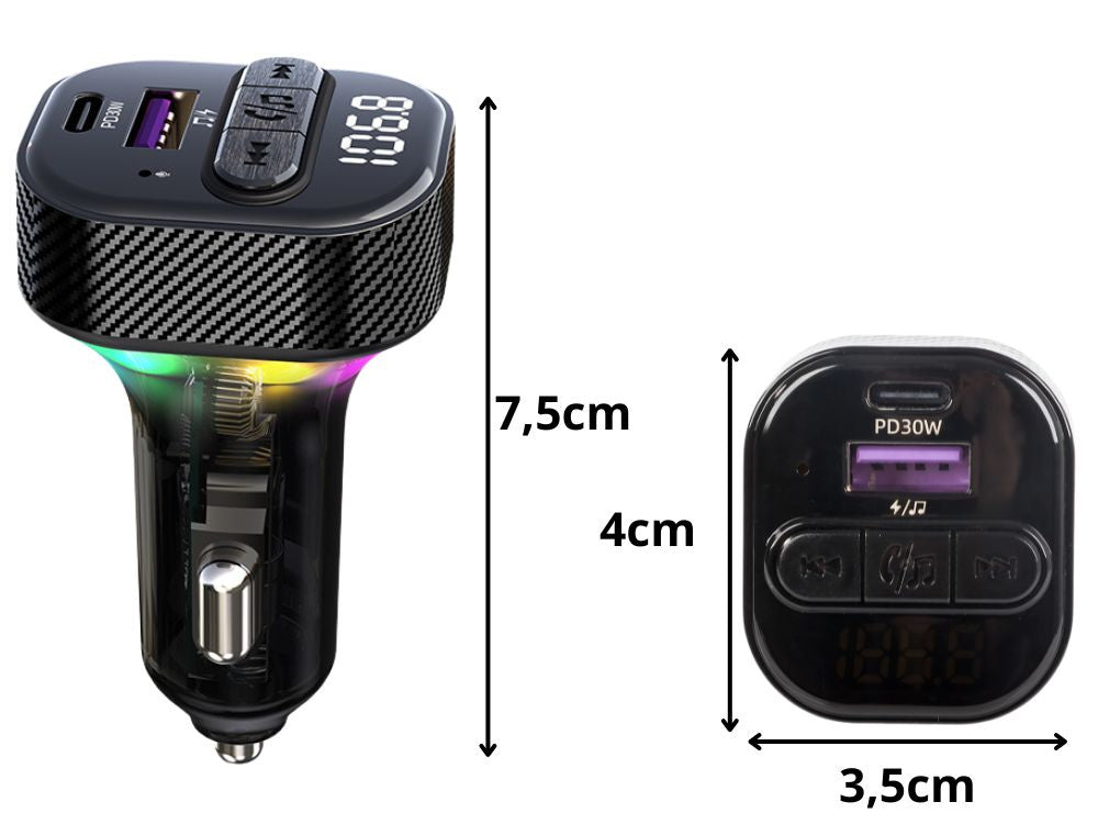 Automobilinis siųstuvas fm mp3/wma usb a+usb c 30w bluetooth 5.3 led qc 3.0