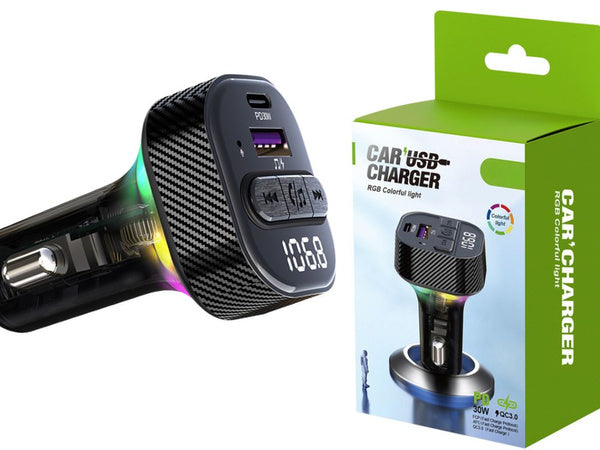 Automobilinis siųstuvas fm mp3/wma usb a+usb c 30w bluetooth 5.3 led qc 3.0