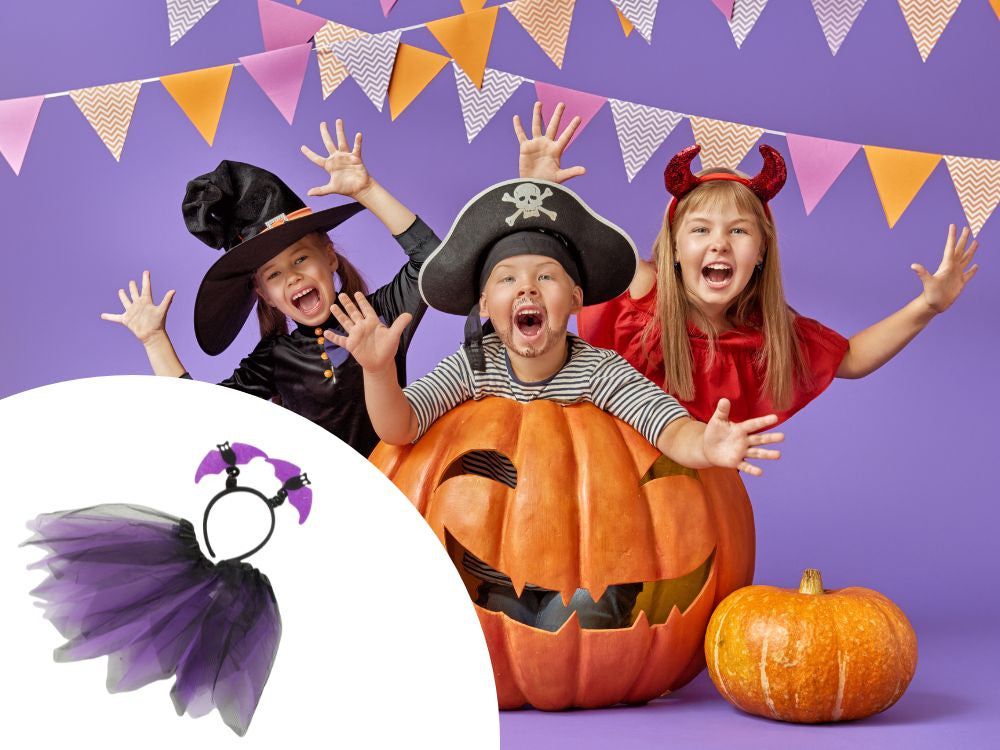 Helovino persirengimo kostiumas sijonas šikšnosparnio galvos juosta juoda ir violetinė