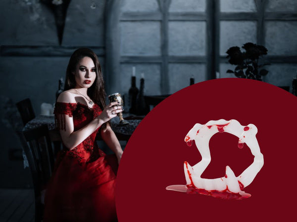 Dirbtinių dantų rinkinys + kraujas helovinas vampyras drakula kandžiai kraujas mėgintuvėlyje