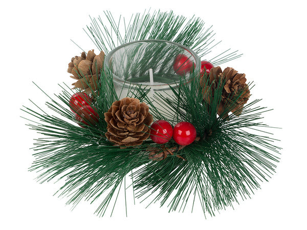 Dekoratyvinės žvakės stiklinėse žvakių vainiko rinkinyje kalėdoms 2 vnt.