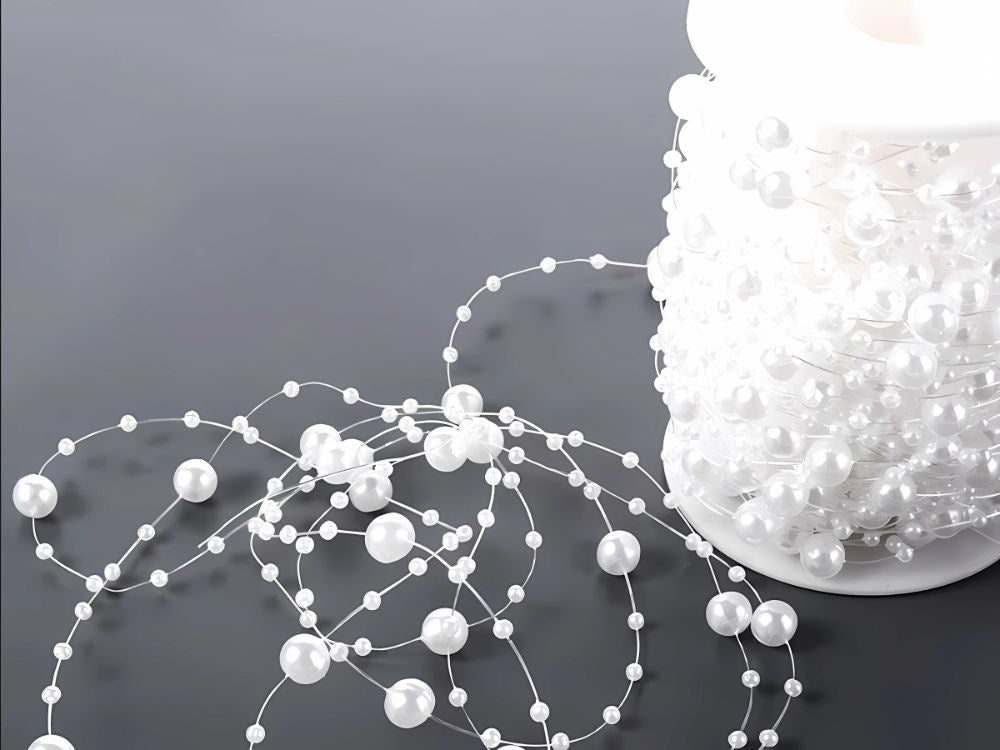 Perlamutriniai balti liustros perlai kalėdinės eglutės grandinės karoliukai ritė 10mm 5m