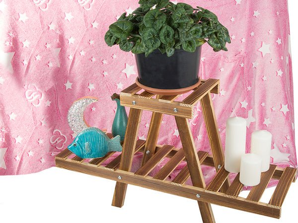 Medinis gėlių vazonų stovas dviejų aukštų lentyna