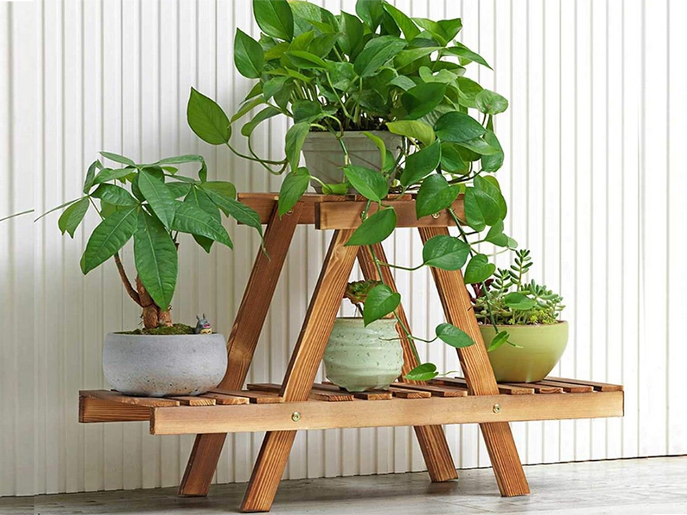 Medinis gėlių vazonų stovas dviejų aukštų lentyna