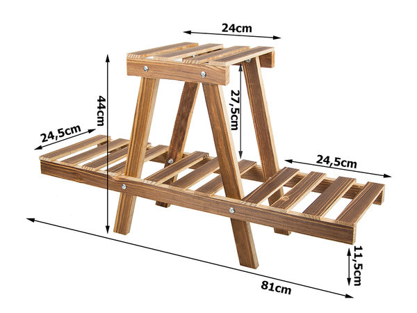 Medinis gėlių vazonų stovas dviejų aukštų lentyna