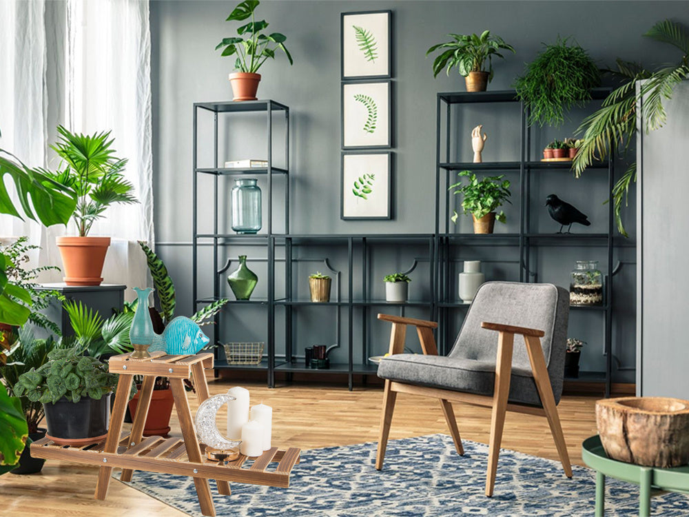 Medinis gėlių vazonų stovas dviejų aukštų lentyna