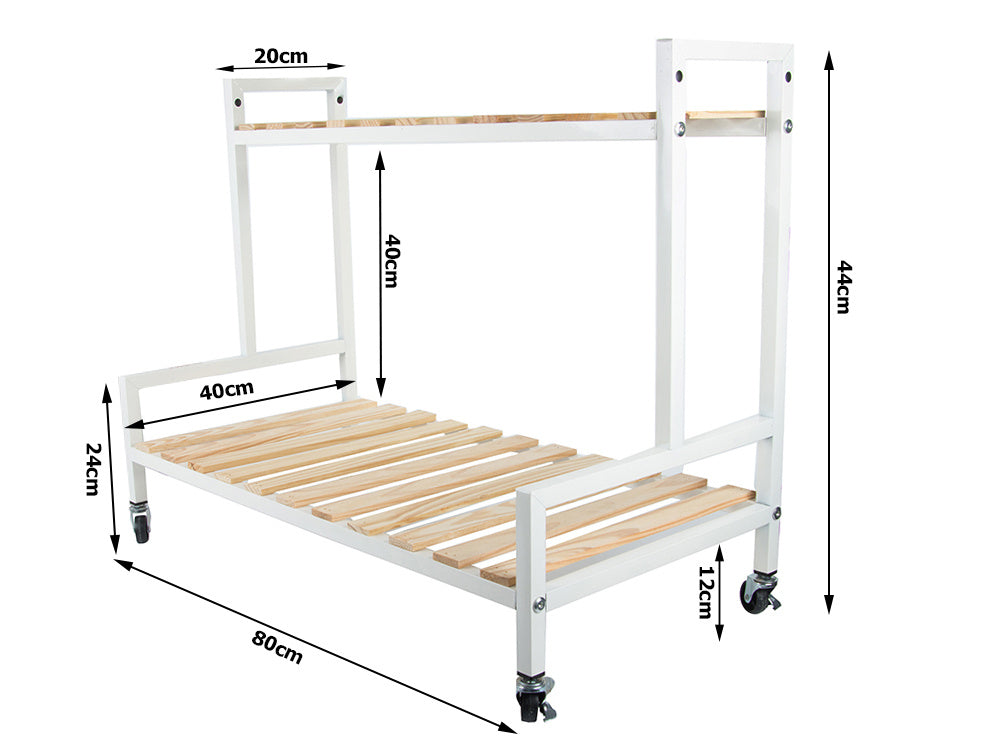 Medinis gėlynas vazoninėms gėlėms dviejų aukštų lentyna ant ratų terasa, Baltas, Szín, Fehér